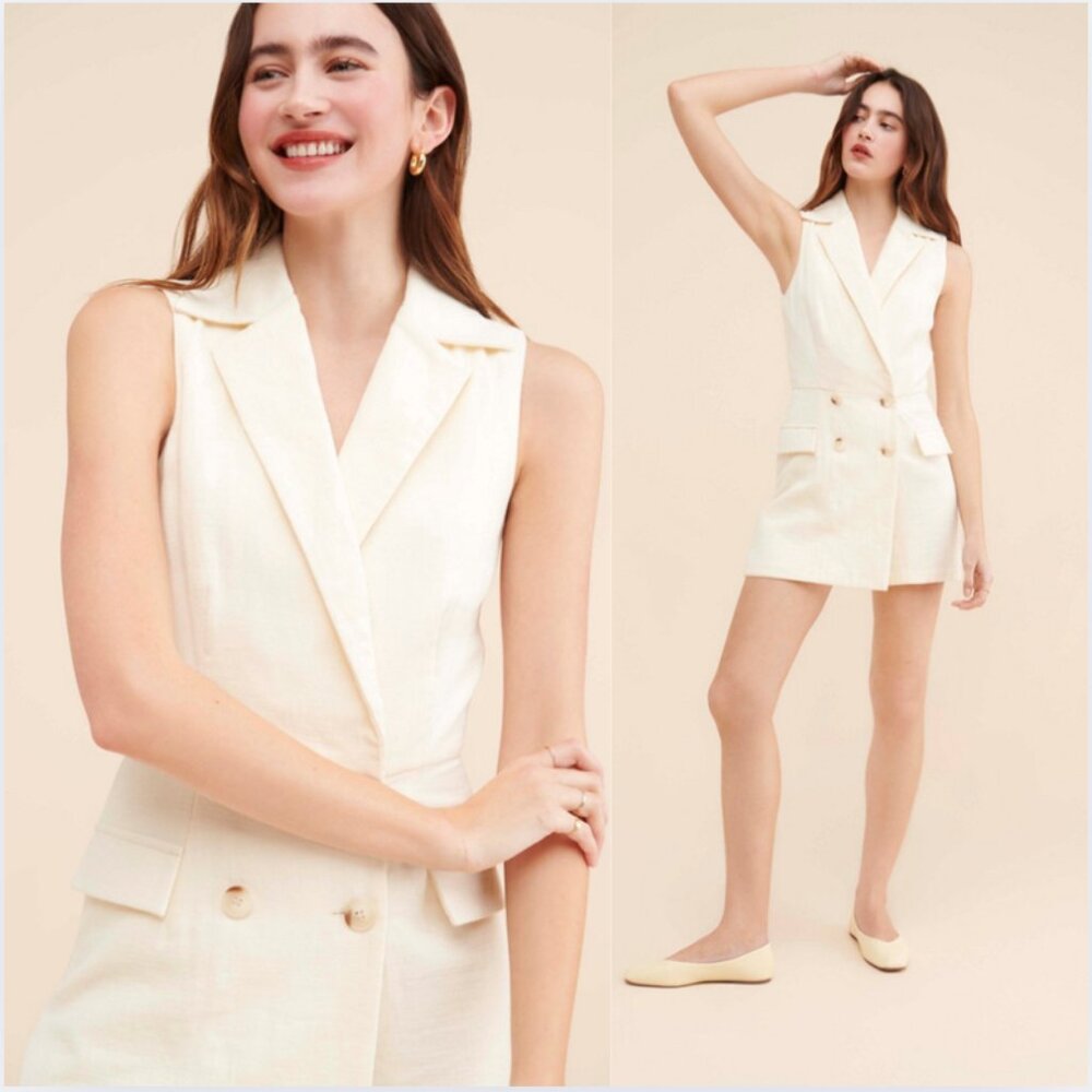 Anthro Revolve Paris Double Breasted Blazer Sleeveless Romper Ivory Medium - Picture 2 of 8